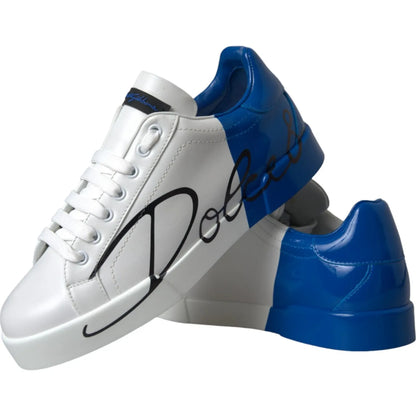 Dolce & Gabbana White Blue Logo Low Top Leather Sneakers Shoes with calfskin leather and rubber sole