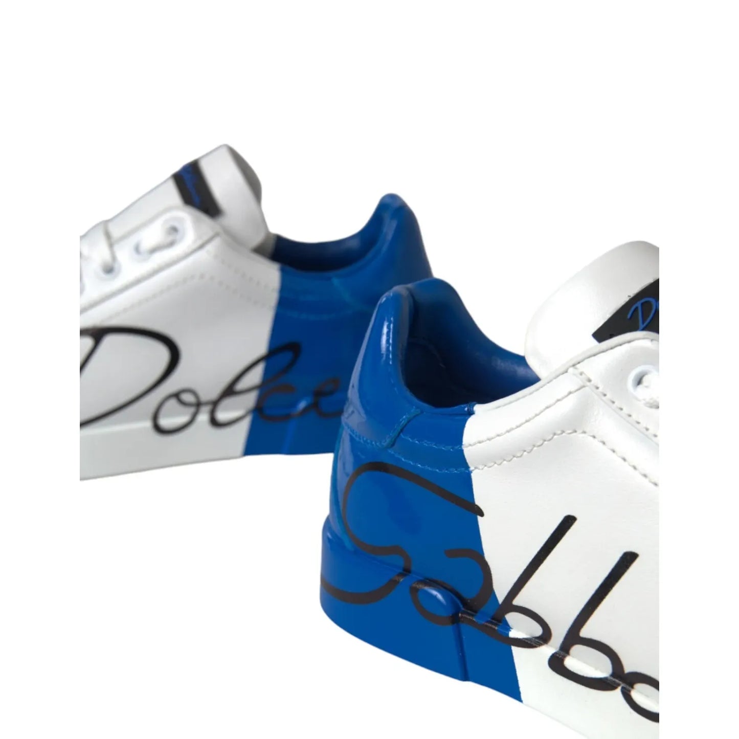 Dolce & Gabbana White Blue Logo Low Top Leather Sneakers Shoes with calfskin leather and rubber sole, close-up view.