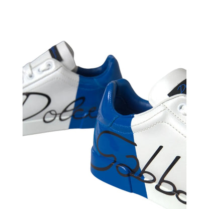 Dolce & Gabbana White Blue Logo Low Top Leather Sneakers Shoes with calfskin leather and rubber sole, close-up view.