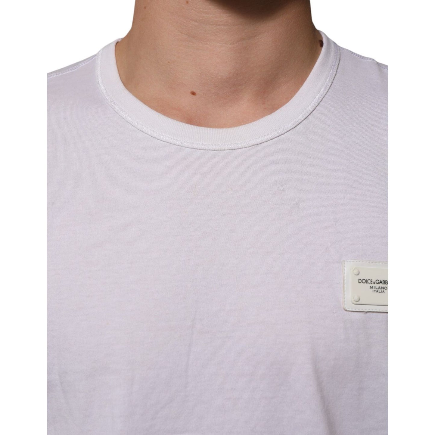 Dolce & Gabbana White Cotton Logo Patch Crew Neck Men T-shirt