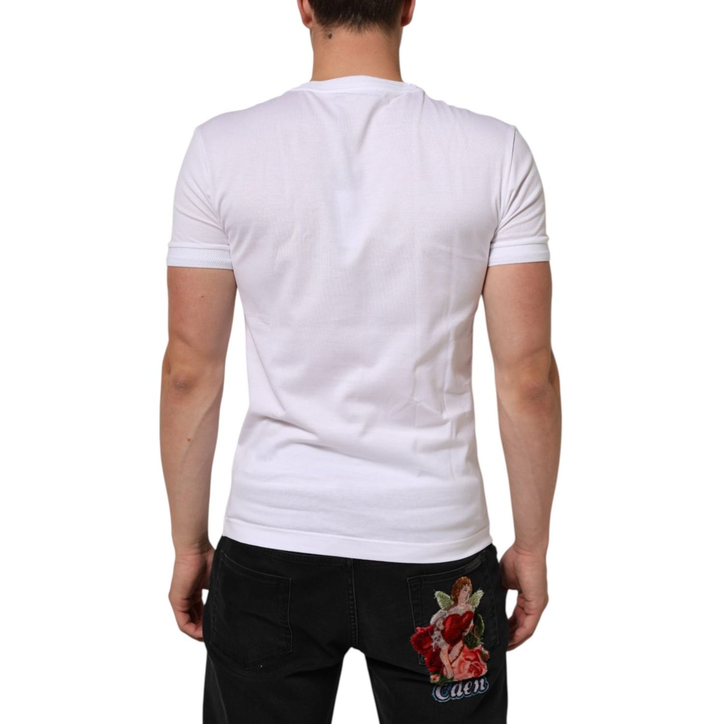 Dolce & Gabbana White Cotton Logo Patch Crew Neck T-shirt