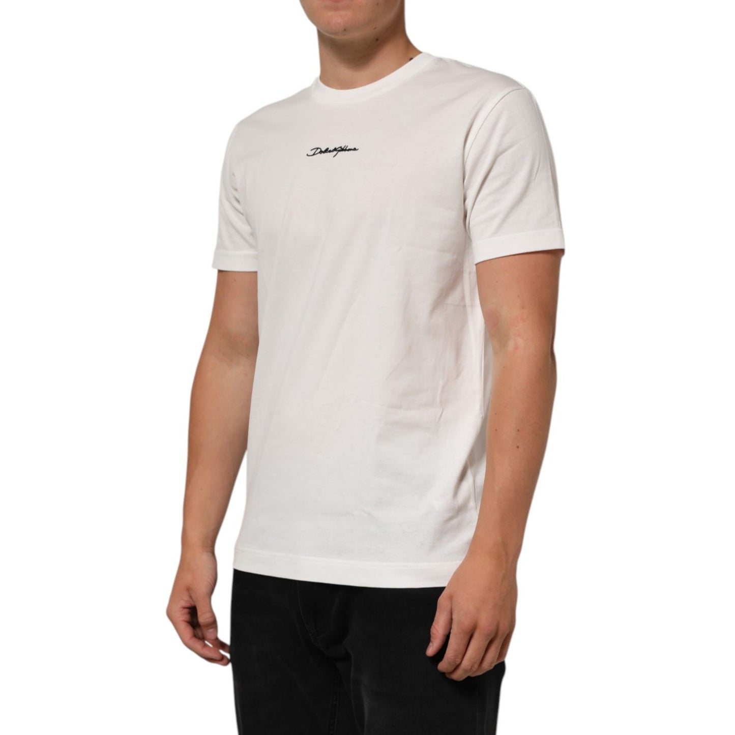 Dolce & Gabbana White Cotton Logo Print Crew Neck Men T-shirt