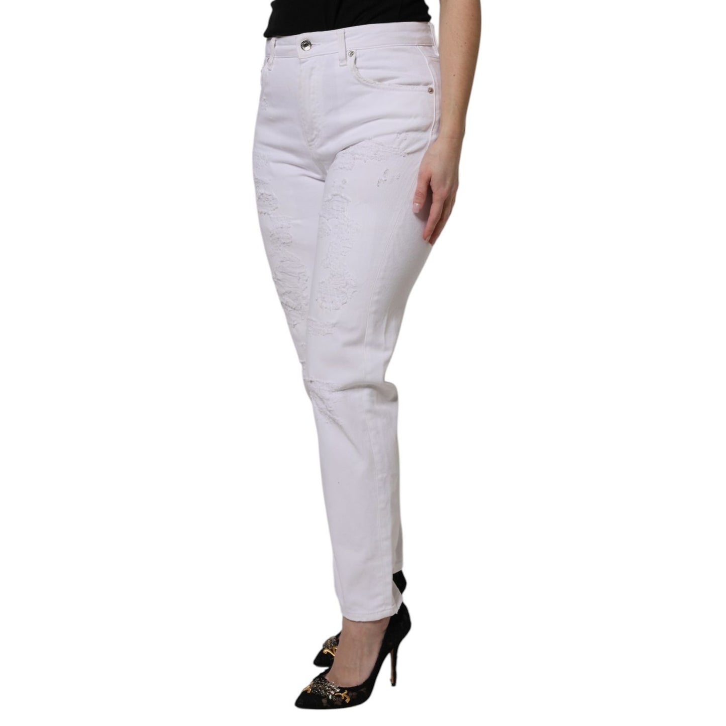 Dolce & Gabbana White Cotton Tattered BOYFRIEND Denim Jeans