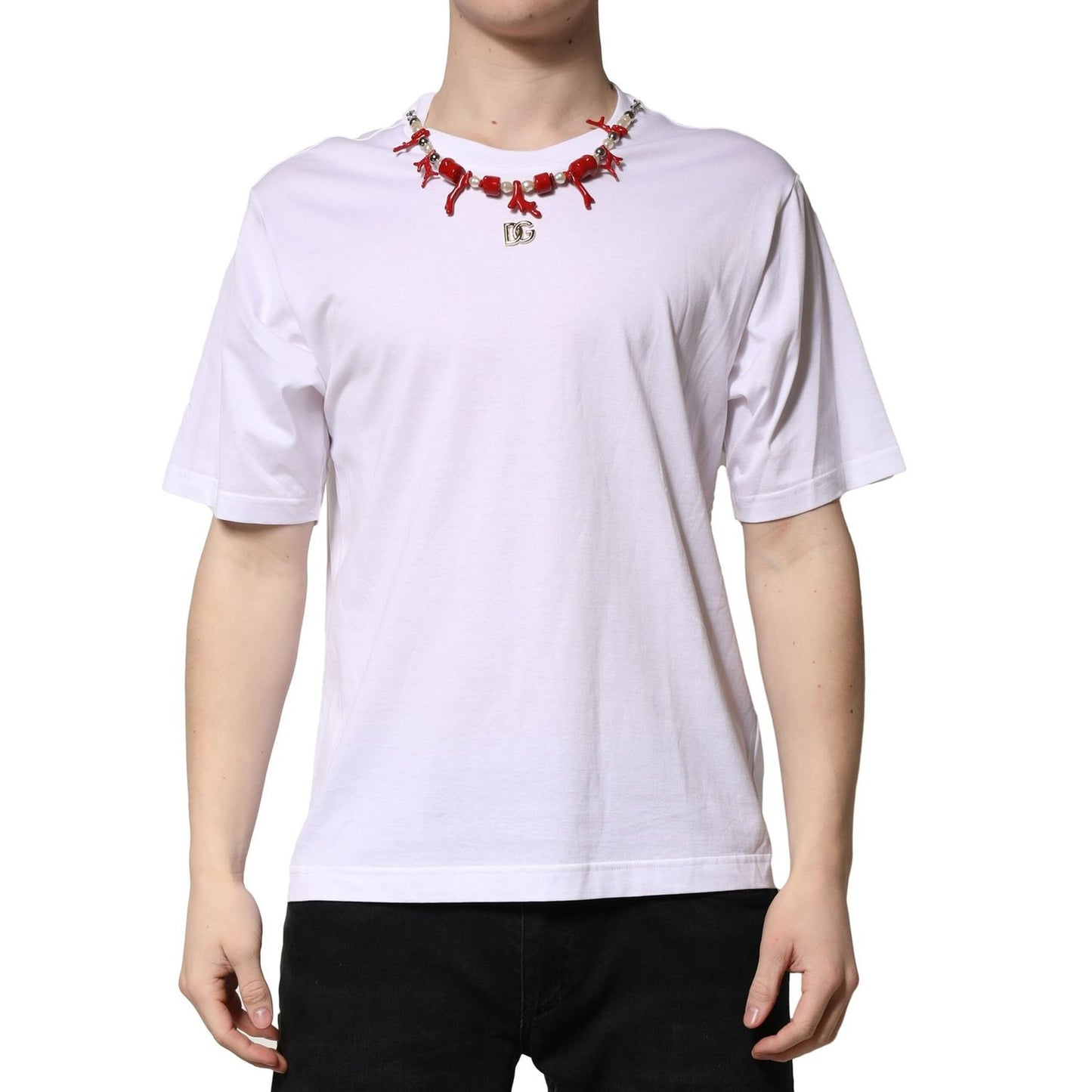 Alt Tag: Dolce & Gabbana White Embellished Cotton Crew Neck T-shirt with logo, front view, worn by model, short sleeves, regular fit.