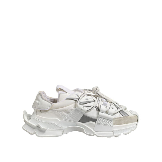 Dolce & Gabbana White Gray Low Top Space Sneakers Shoes made from polyester and lamb leather with rubber sole and lace-up design.