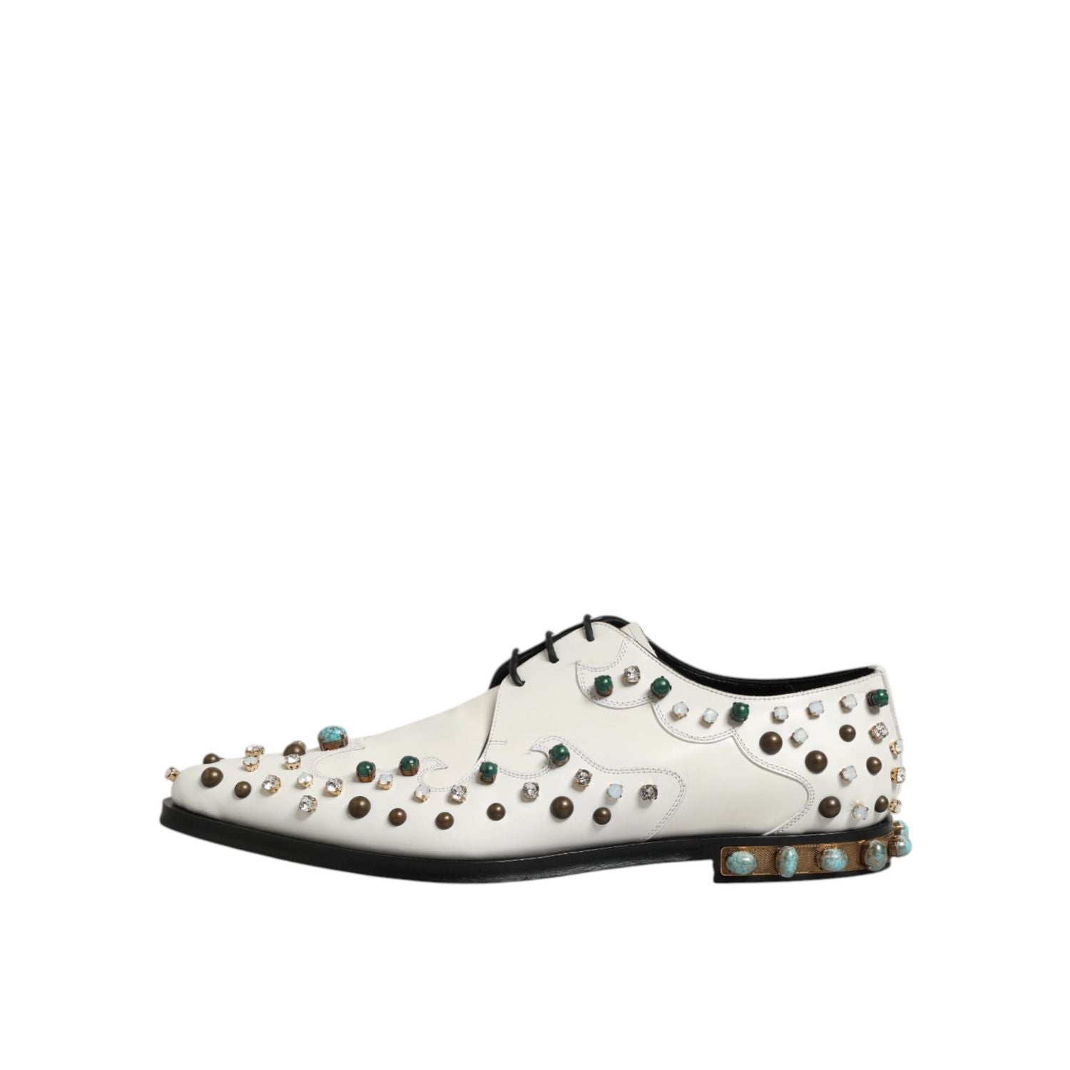 Dolce & Gabbana White Leather Crystals Embellished Derby Shoes