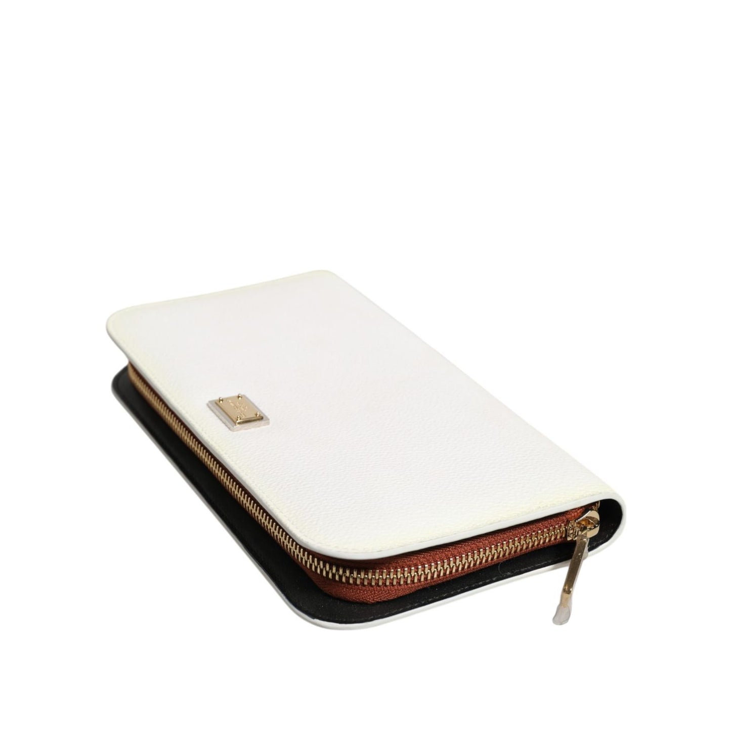Dolce & Gabbana White Leather Logo Plaque Zip Around Continental Wallet