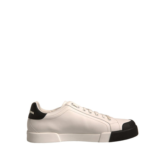 Dolce & Gabbana White Leather Logo Portofino Sneakers Shoes, side view showing black accents and lace-up design, preowned with slight scratches.