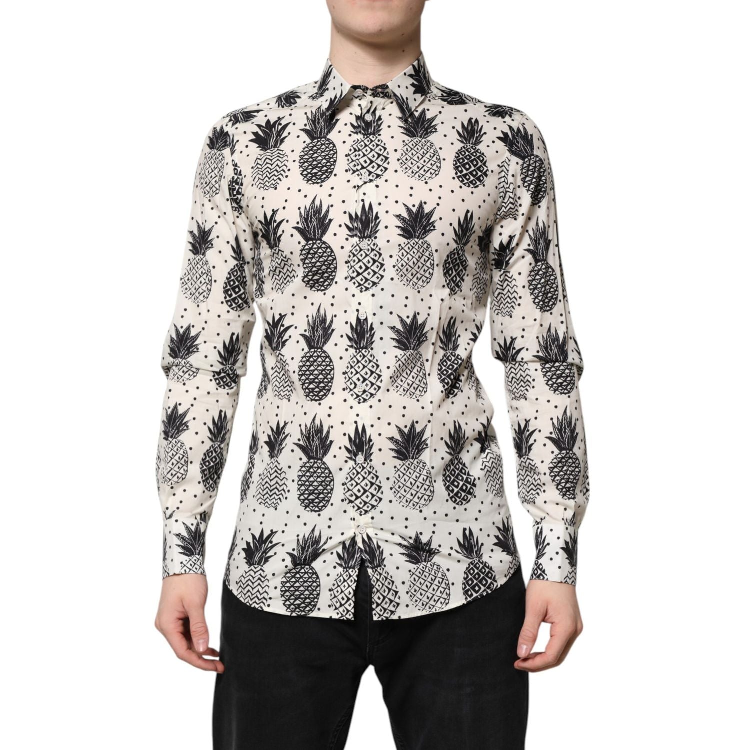 Dolce & Gabbana White Pineapple Print Long Sleeve GOLD Shirt