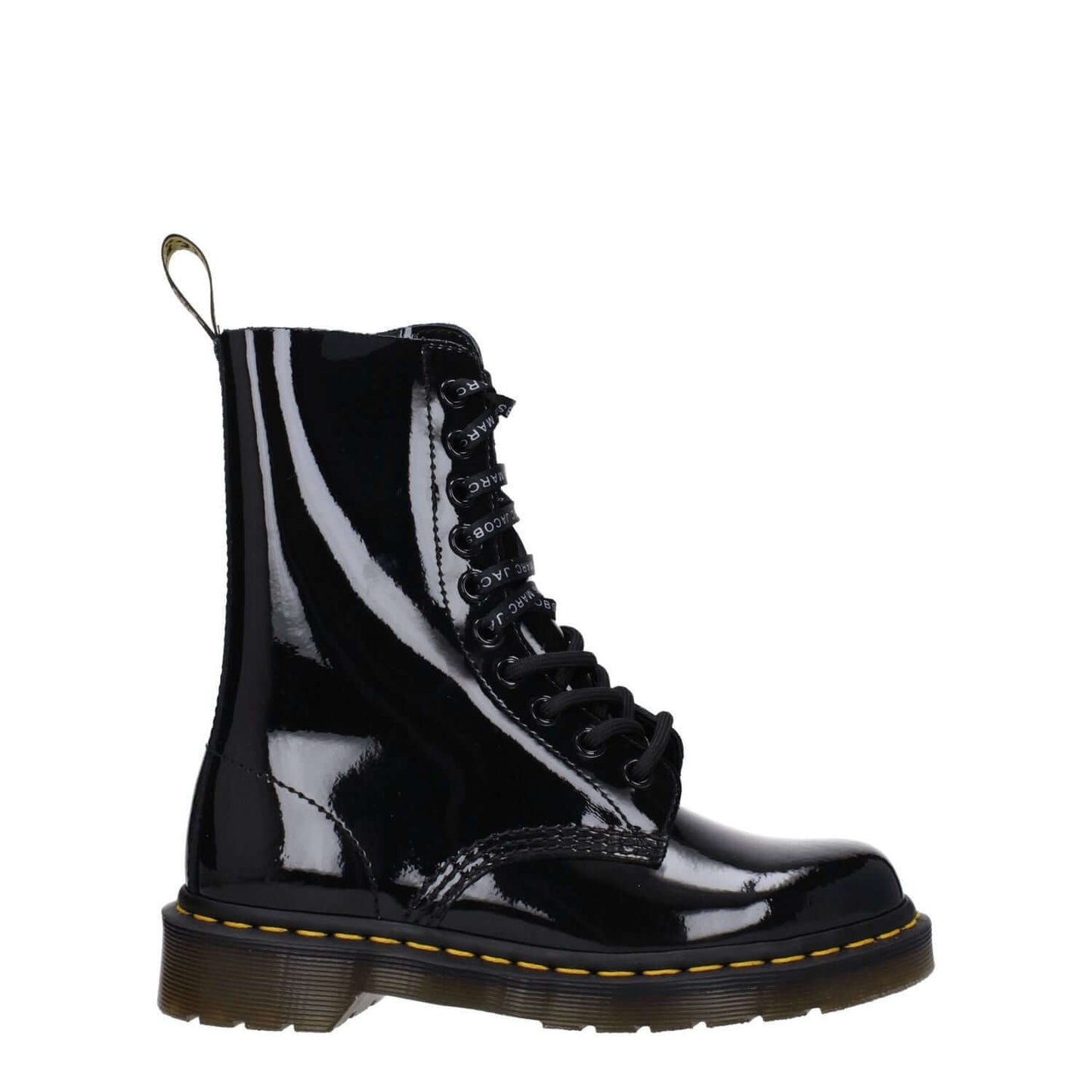 Dr. Martens Black Leather Ankle Boots, patent leather, lace-up closure, rubber sole, round toe, low heel, casual style.