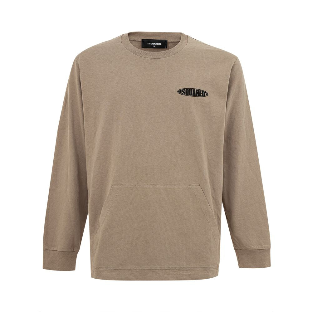 Dsquared² Beige Cotton T-Shirt with logo, long sleeves, crew neck, maxi front pocket, side slits, 100% cotton, over fit.