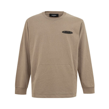 Dsquared² Beige Cotton T-Shirt with logo, long sleeves, crew neck, maxi front pocket, side slits, 100% cotton, over fit.