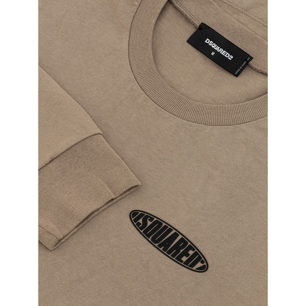 Dsquared² Beige Cotton T-Shirt with logo, crew neck, over fit, long sleeves, maxi front pocket, and side slits.