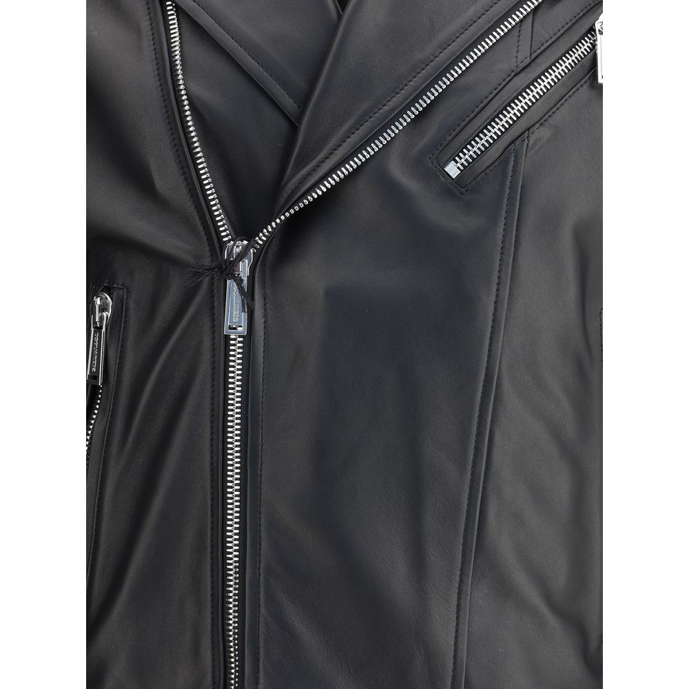 Close-up of Dsquared² Black Calf Leather Bos Taurus Biker Jacket showcasing zippers and lapel collar details.