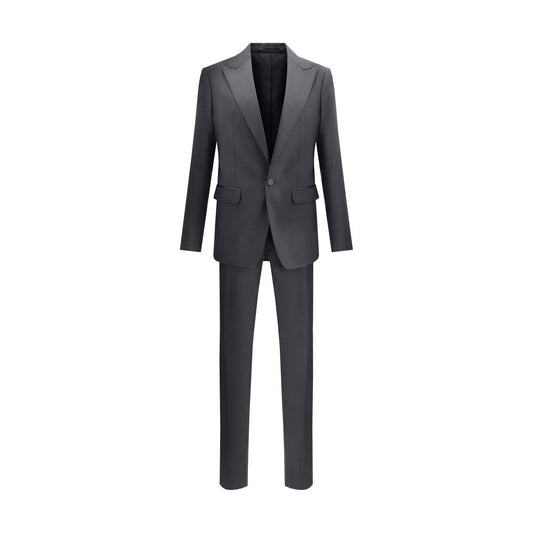 Dsquared² Black Fleece Wool Two-Piece Suit with peak lapels and tailored fit, featuring blazer and matching trousers.