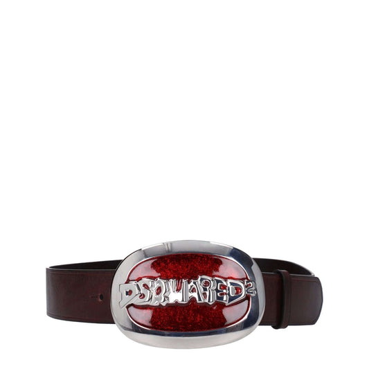 Dsquared² Brown Leather Regular Belt with vintage effect, silver logo, and red detailing, featuring a 4.3 cm hook closure.