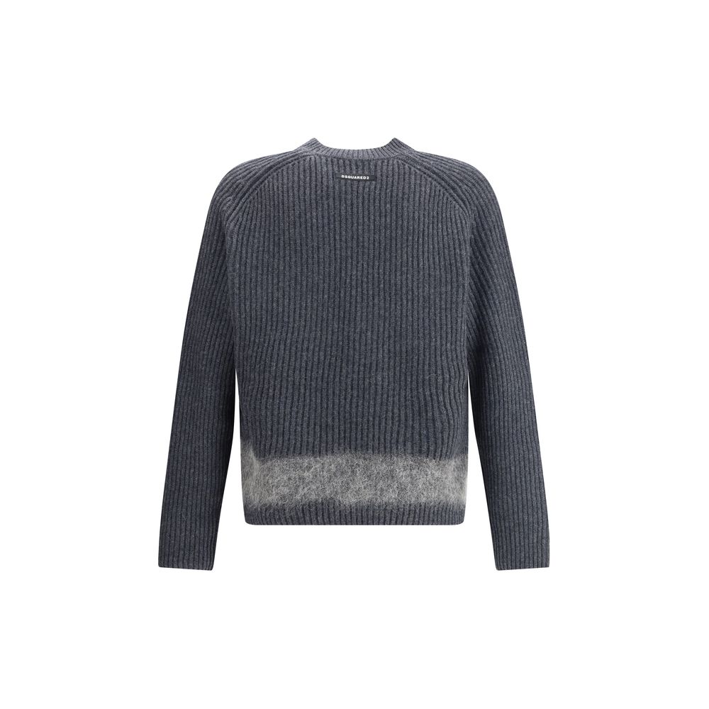 Dsquared² Gray Wool Sweatshirt with ribbed knit and silicone logo patch, featuring round neck and long sleeves.
