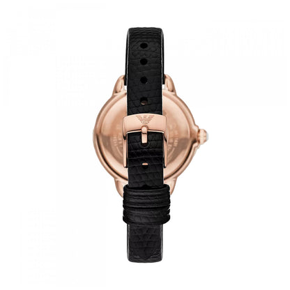 EMPORIO ARMANI WATCHES Mod. AR11631 lady's wristwatch with 32mm case and black leather strap, shown in official packaging.