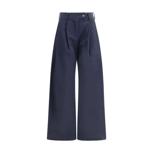 Ella Blue Cotton Casual Pants featuring wide leg, front pleats, button closure, and side pockets. AW25 collection regular fit.