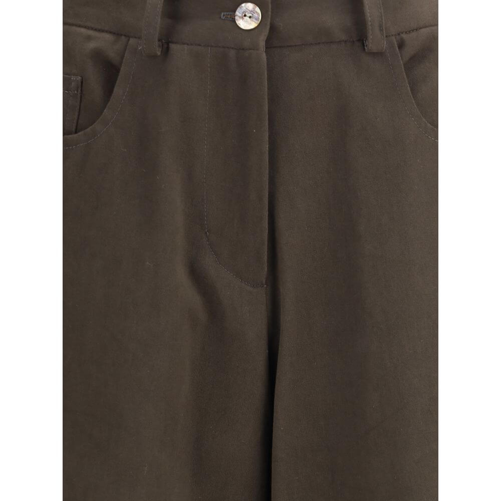 Close-up of Ella Brown Cotton Casual Pants featuring five-pocket styling and classic button and zip closure, made of 97% cotton, 3% elastane.
