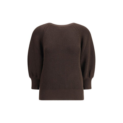Ella Brown Merino Wool Sweatshirt with ribbed crewneck and cuffs, chunky knit for cold days, AW25 season, 100% merino wool, regular fit