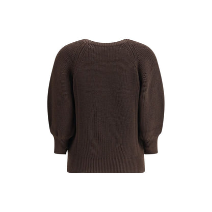Back view of Ella Brown Merino Wool Sweatshirt featuring a chunky knit design with ribbed cuffs and hem.
