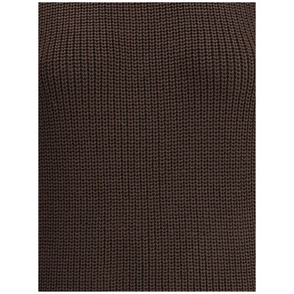 Ella Brown Merino Wool Sweatshirt with chunky knit texture, ribbed crewneck detail, for stylish and comfortable winter wear.