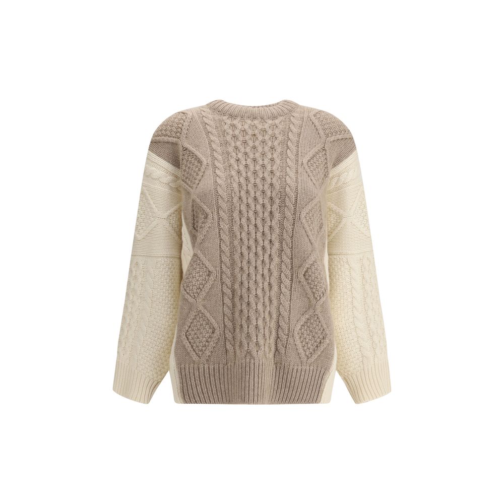 Ella Cream Cashmere Cashmere Sweater, two-tone cable-knit design with ribbed crewneck, hem, and cuffs for elegant winter style.