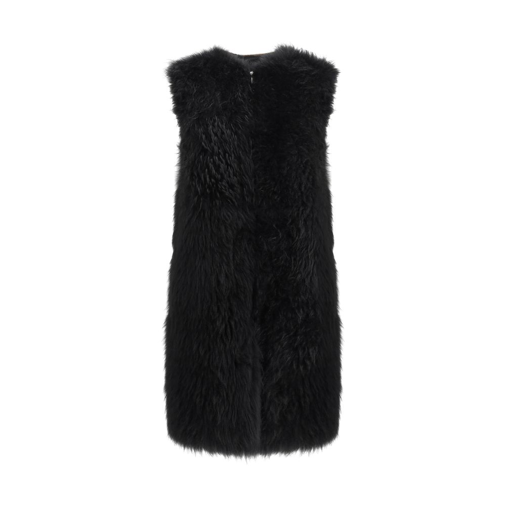 Black faux fur sleeveless vest with front closure on white background