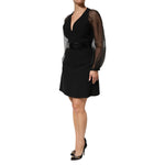 Emporio Armani Black Sheer Sleeve Belted V-Neck Mini Dress