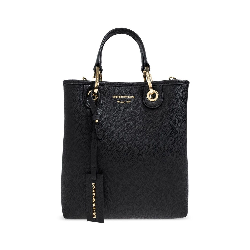 Black Emporio Armani MyEA shopping bag with logo print, shoulder strap, and removable pouch. Measures 9.84" H x 8.46" W x 3.94" D.