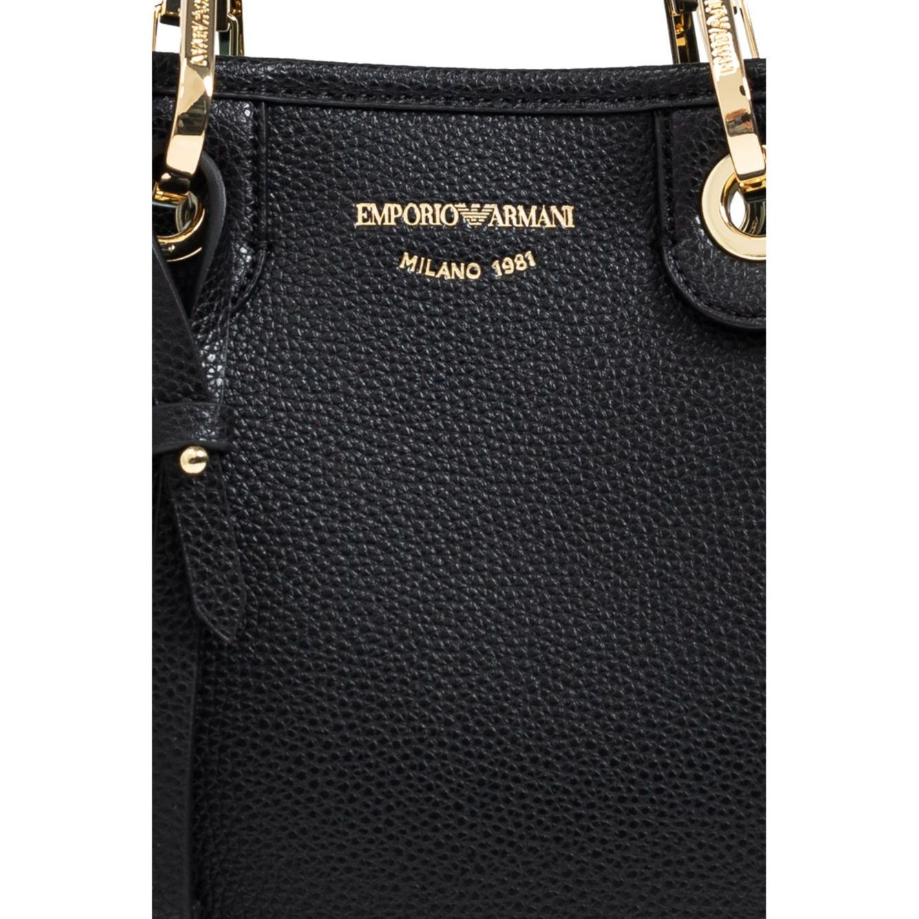 Emporio Armani MyEA shopping bag with black logo print, logo shoulder strap, and gold hardware details close-up view.