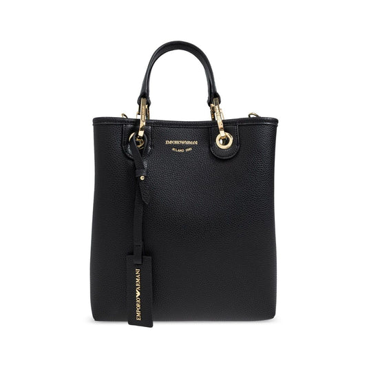 Black Emporio Armani MyEA shopping bag with logo print, shoulder strap, and removable pouch. Measures 9.84" H x 8.46" W x 3.94" D.
