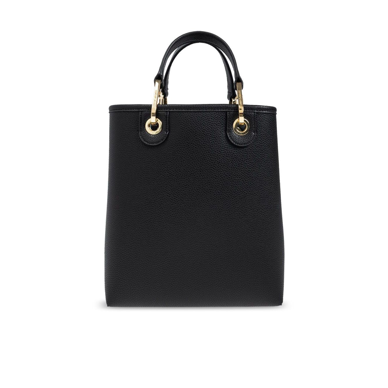 Black Emporio Armani MyEA shopping bag with logo print, gold hardware, and two rolled top handles.