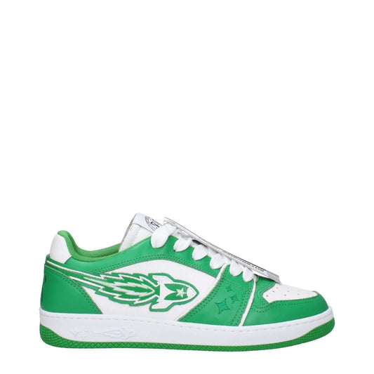 Enterprise Japan Green Leather Low Top Sneakers with front logo, featuring lace up closure and rubber sole, casual style.