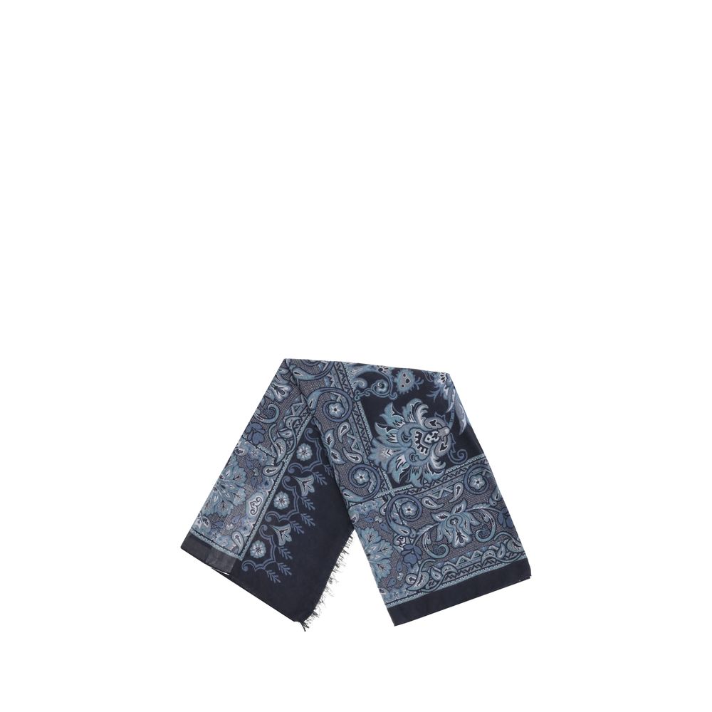 Etro Blue Modal Scarf with floral and geometric jacquard pattern, frayed edges, and embroidered logo, 180x180, 61% modal, 39% cotton.