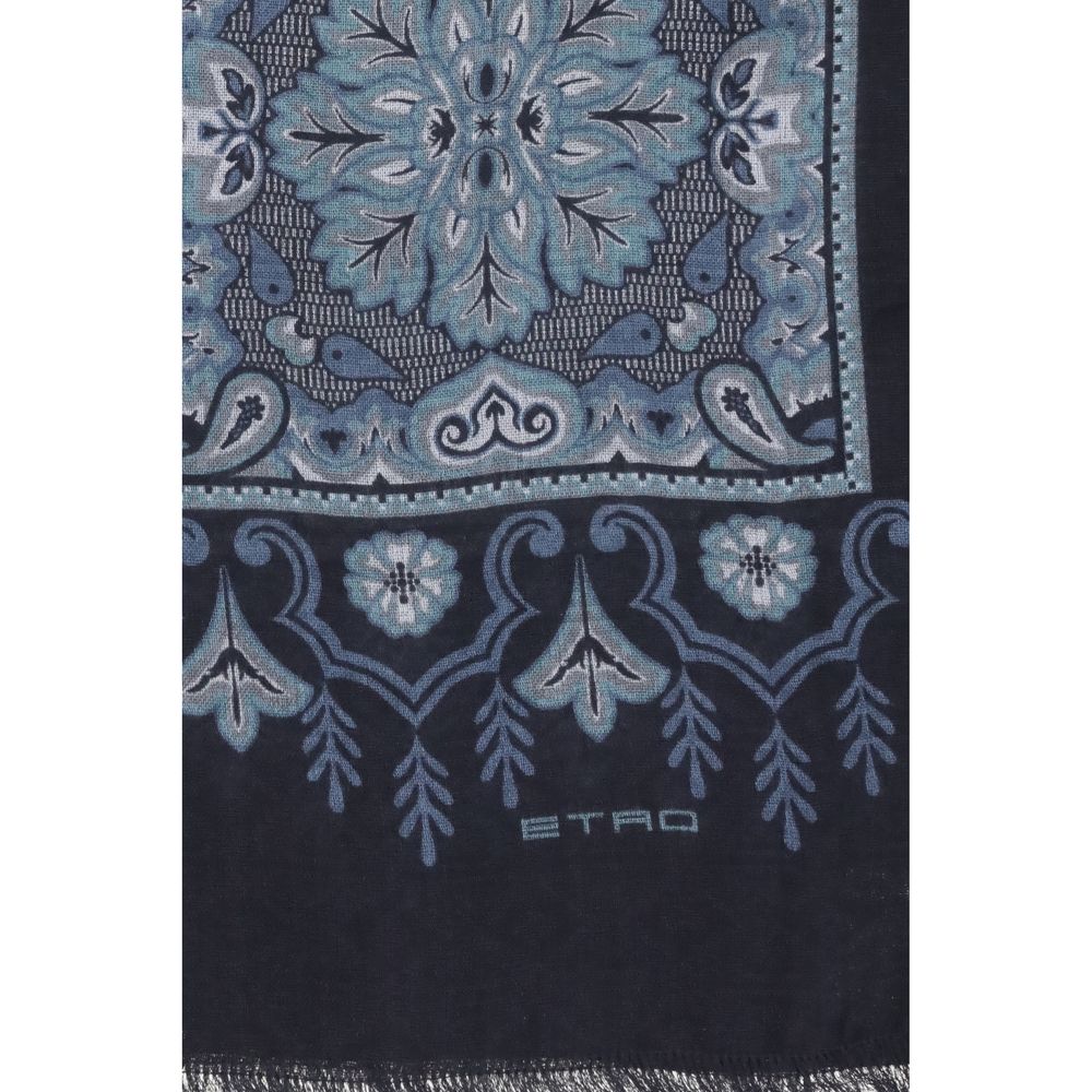 Etro Blue Modal Scarf with floral and geometric patterns, jacquard cotton blend, embroidered Etro logo, frayed edges, AW25 collection