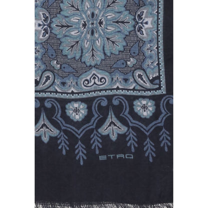 Etro Blue Modal Scarf with floral and geometric patterns, jacquard cotton blend, embroidered Etro logo, frayed edges, AW25 collection
