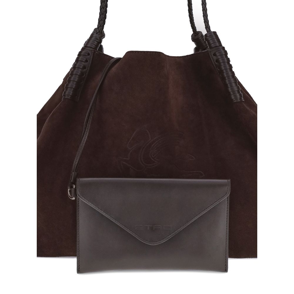 Etro Brown Calf Leather Bos Taurus Shoulder Bag with suede texture, braided handles, and embroidered Pegasus logo.