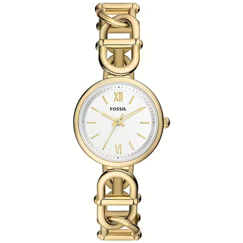 FOSSIL Mod. ES5272 lady wristwatch, 5 ATM water-resistant, SS IP Gold strap, 30 mm case, quartz movement, shown in official packaging.
