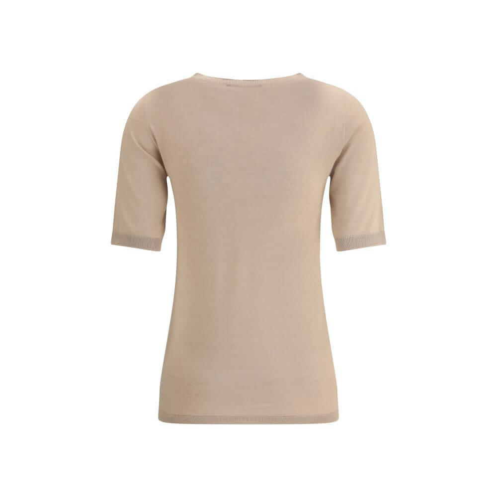 Fabiana Filippi Beige Cashmere T-Shirt with ribbed crew neck and hem, made from soft cashmere and silk blend for a refined look.