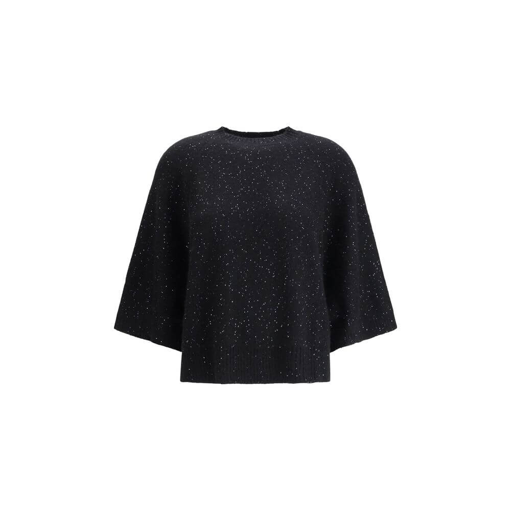 Fabiana Filippi Black Fleece Wool Sweatshirt with sequins, ribbed crew neck, and 3/4 sleeves, AW25 sleek design.