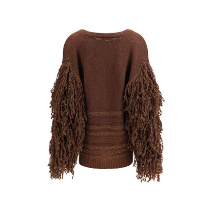 Fabiana Filippi Brown Camel Hair Cardigan with ruffled sleeve details and ribbed hem, perfect for AW25.