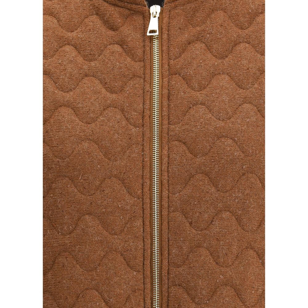 Fabiana Filippi Brown Fleece Wool Sleveless Jacket with zipper and sequins detail. Elegant design with sophisticated style.