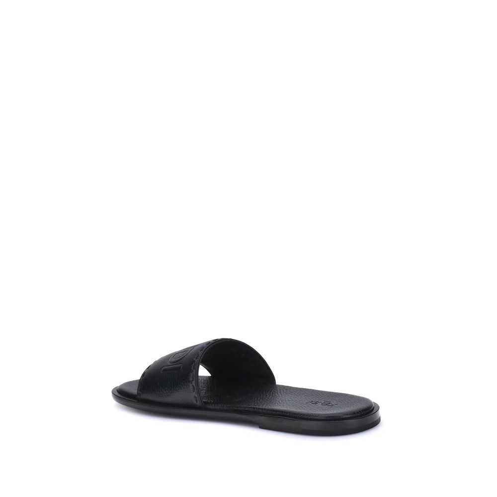 Fendi Black Calf Leather Bos Taurus Flat Sandals