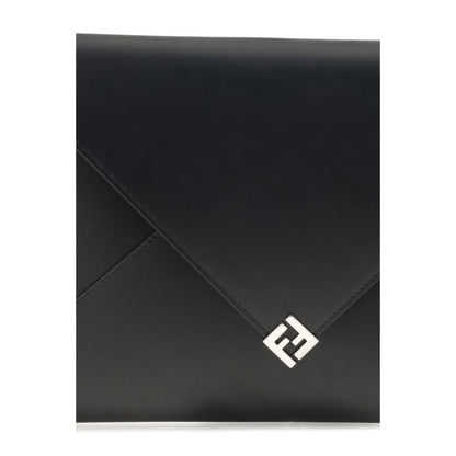Fendi Black Leather Clutch Bag with metallic logo, snap-button closure, and cuff handle for easy carrying.