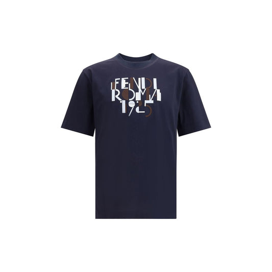 Fendi Blue Cotton T-Shirt with logo print, ribbed crew neck, ideal for casual look, Autumn Winter 2025, 100% cotton.