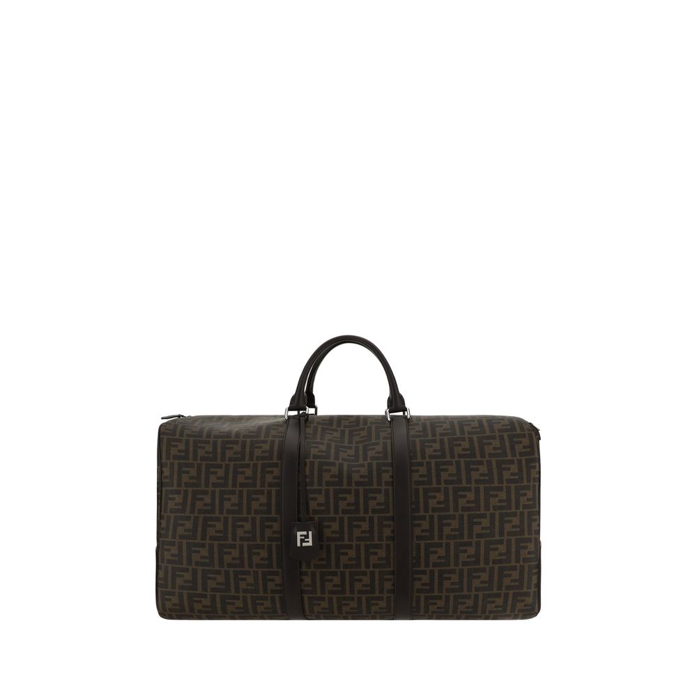 Fendi Brown Canvas Luggage And Travel with FF monogram, leather handles, and adjustable strap, ideal for Boston travel. AW25.