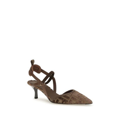 Fendi Brown Fabric Mid Heel Pumps with FF monogram and slingback design for luxury fashion.