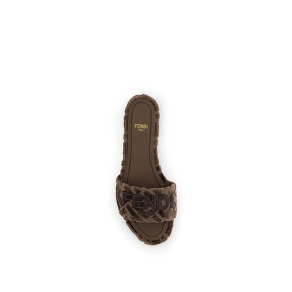 Top view of Fendi Brown Viscose Flat Sandals with embroidered logo and signature insole, showcasing a stylish open toe design for AW25.